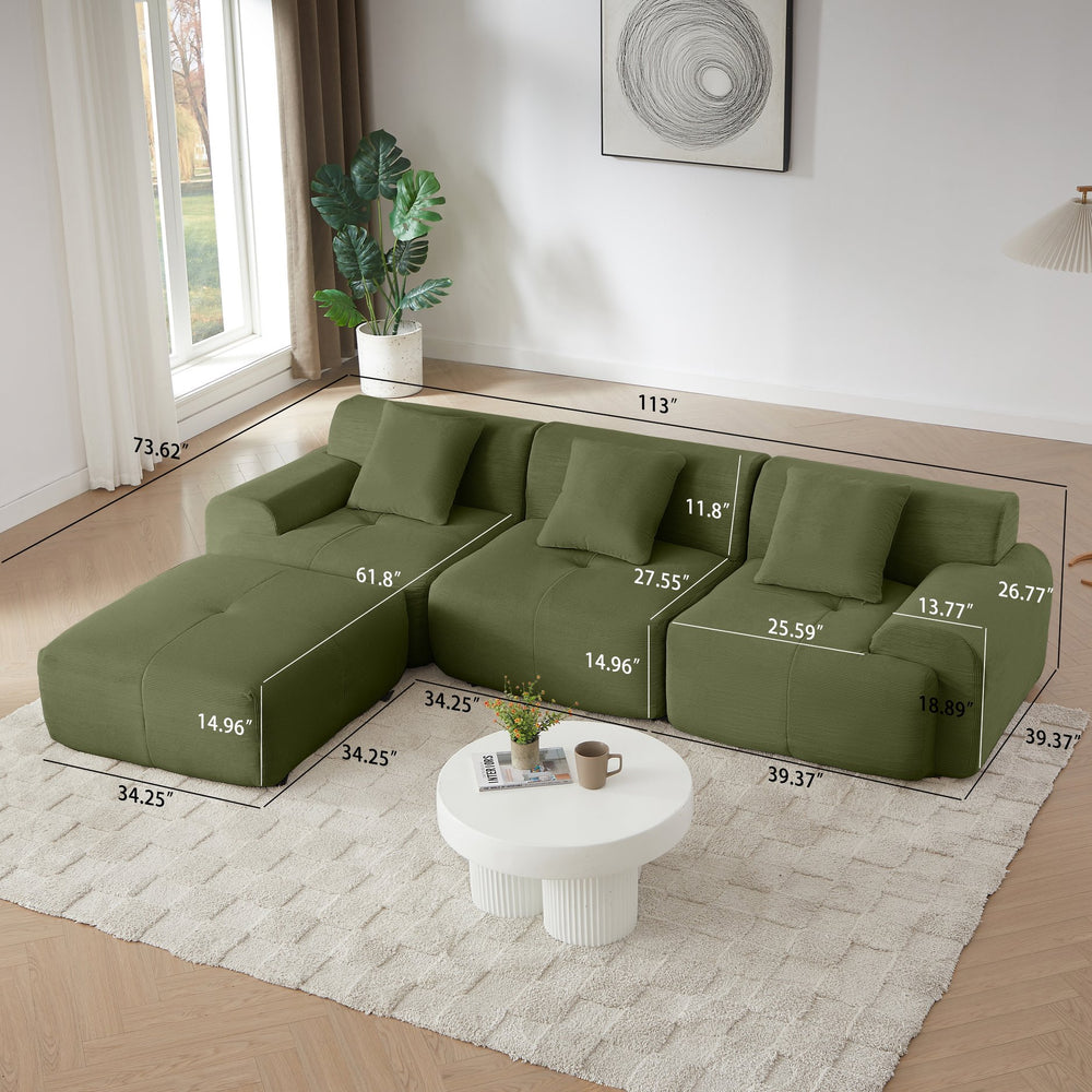 English Elm 113" Modular L-shaped Sectional Sofa Corduroy Upholstered with Movable Ottoman Green W1359S00058