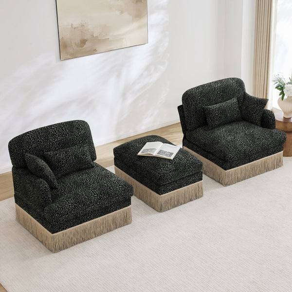 English Elm Comfy Chenille Leopard Print Loveseat with Tassel Trim Movable Ottoman Living Room Green W5656S00029