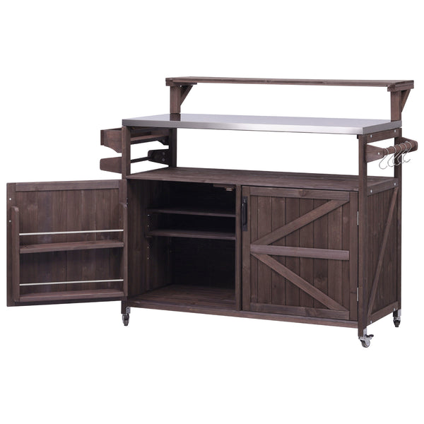 English Elm K&K 53.3" Outdoor Kitchen Island with 1.2" Stainless Top, Spacious Storage, Raised Shelf, Wheels Brown N707P250628Z