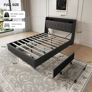 English Elm Full Full Size Bed Frame with Ergonomic Headboard, Built-In Outlets, Charger & Storage Shelf Black W3107P262746