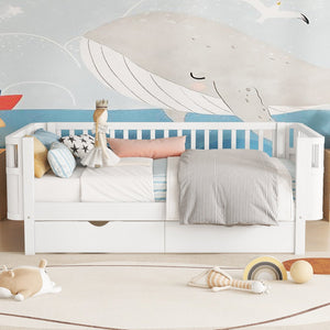 English Elm Twin Solid Wood Platform Bed with Guardrail for Kids, Low-Profile Sturdy Pine Frame, Safe Sleep Solution White 69.69 L x 18.5 W x 7.68 H W2593P331678