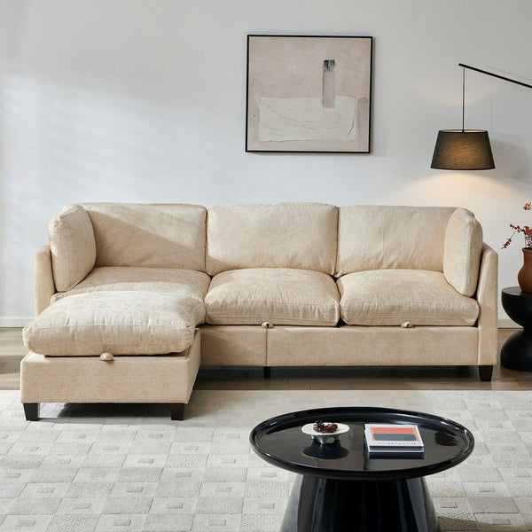 English Elm 96.5" L-shaped Chenille Sectional with Storage Ottoman Eucalyptus Frame Living Room Light Coffee W1097S00281