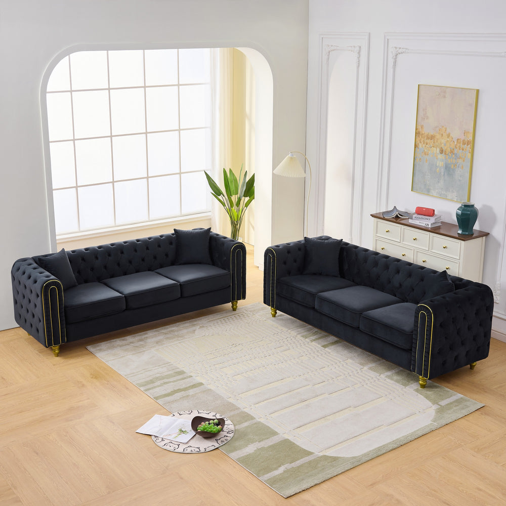 English Elm 3 Seater Chesterfield Velvet Sofa Tufted Rolled Arms Gold Legs Glam Living Room Black W3373S00086