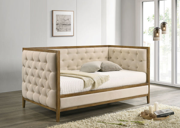 English Elm Transitional Twin Daybed with Diamond Tufted Back and Wood Trim, Versatile Seating & Sleeping Solution Natural,Oak 48 L x 46 W x 11 H B2741S00662