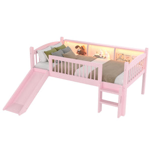 English Elm Twin Low Loft Bed Solid Pine Frame with Built-in Led Lighting and Storage Shelves Pink W1580P395929