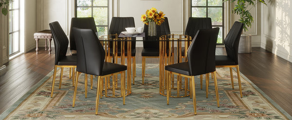 English Elm Table Set Oval Tempered Glass Top Gold Column Base with Eight Pu Leather Dining Chairs W1151S04727