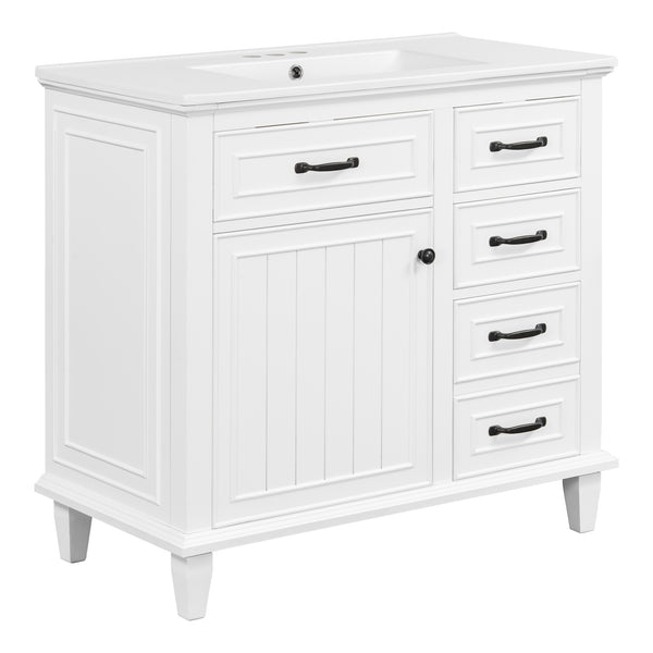 English Elm 36 Inch Bathroom Vanity - Modern Ceramic Sink, Solid Wood Frame, Adjustable Storage & Soft-Close Doors N725P336554K