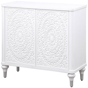 English Elm Angus White 2-Door Mandala Accent Cabinet with Carved Floral Medallions, Adjustable Shelf, Push-Open Elegance B062P299809