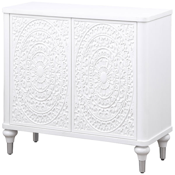 English Elm Angus White 2-Door Mandala Accent Cabinet with Carved Floral Medallions, Adjustable Shelf, Push-Open Elegance B062P299809