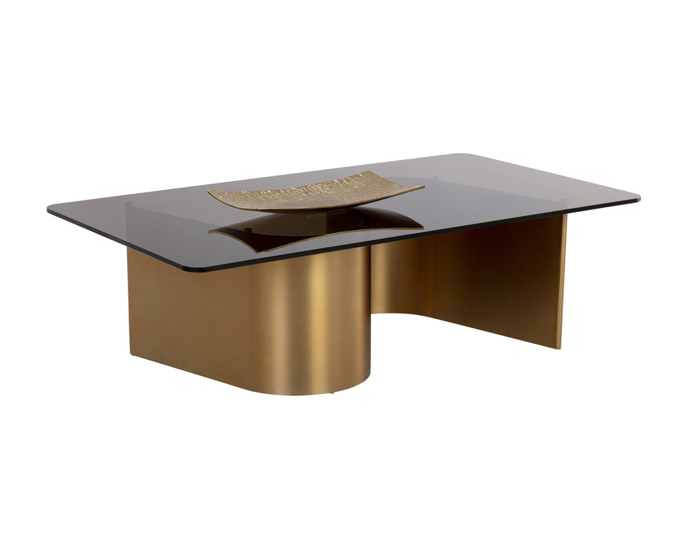 Sunpan Whisper Coffee Table - Elegant Brown Tea Tempered Glass Top with Gold Stainless Steel Base Design