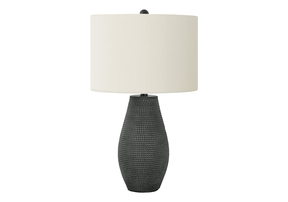English Elm Lighting, Textured Resin Table Lamp with Ivory Drum Shade and Silver Finial Accent Black B2710P220113