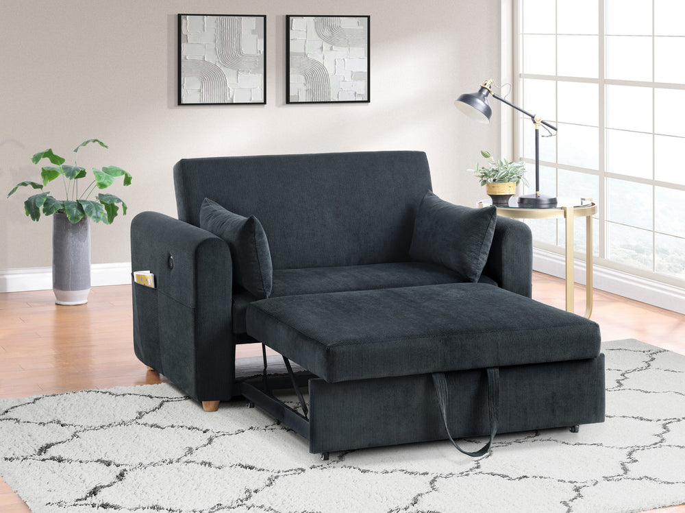 English Elm Mireille Corduroy Convertible Sleeper Loveseat with Usb Charging and Storage Pockets Black B2749P413228