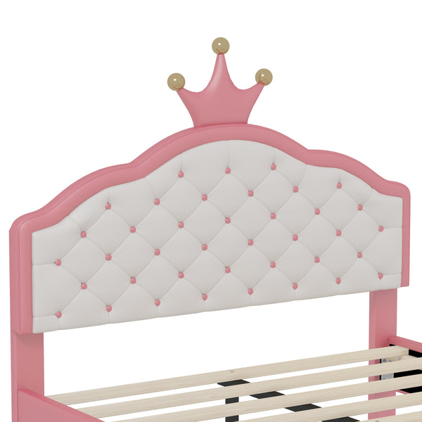 English Elm Full Full Size Lovely Crown Fantasy PU Leather Princess Bed with Tufted Headboard, Pink Cream, Sturdy Frame N733P198762H