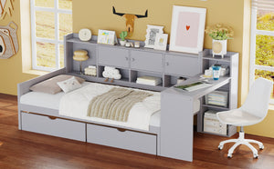 English Elm Twin L-Shape Daybed with Storage, 3 Cabinets & 2 Drawers, Built-In Desk Bookshelf, Gray Twin N733S247070E
