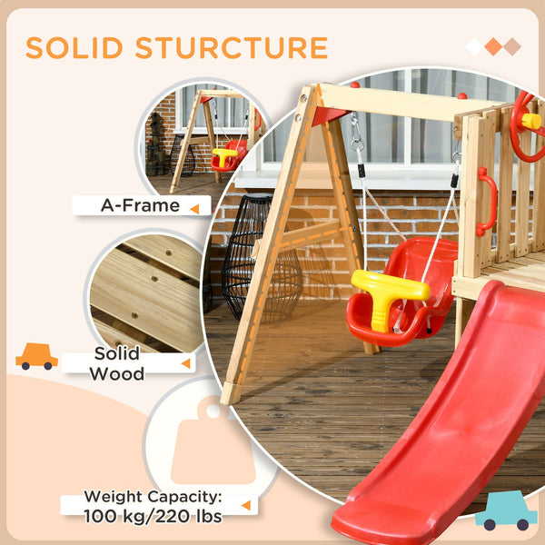 English Elm Outsunny Wooden Toddler Playset Backyard Swing Slide Captain Wheel Horn Ages W2225P229474