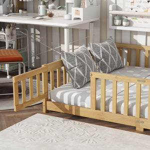 English Elm Full Size Rubber Wood Floor Bed with Surrounding Fence Door and Safety Guardrails W504P370522
