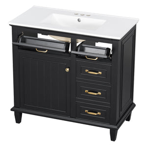 English Elm 36 Inch Bathroom Vanity With Ceramic Sink Top, Solid Wood Frame & Smart Storage Solutions For Style N725P336554B