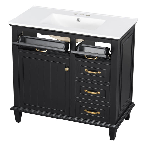 English Elm 36 Inch Bathroom Vanity With Ceramic Sink Top, Solid Wood Frame & Smart Storage Solutions For Style N725P336554B