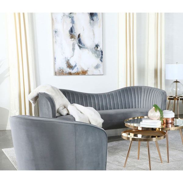 English Elm Reigha Velvet Loveseat in Grey with Gold Legs — Mid-Century Modern Channel Tufted Curved Bench Cushion Elegance B062P351443