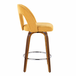 English Elm Fixed-height Swivel Counterstools Walnut Bentwood Legs Yellow Upholstery Chrome Footrest Pair B202S01797