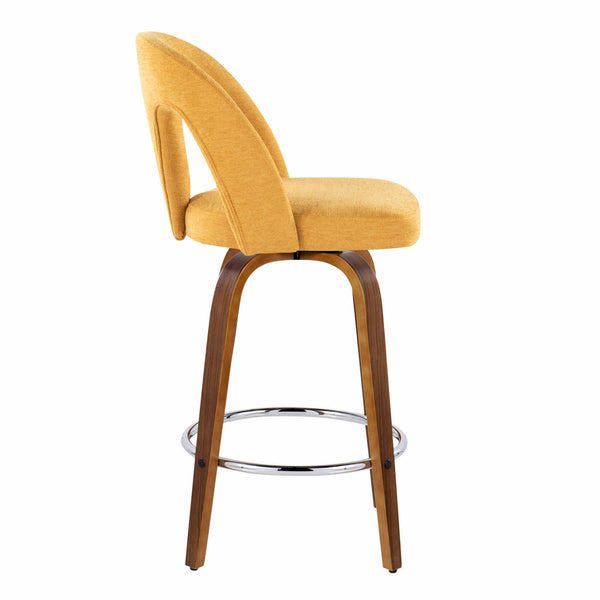 English Elm Fixed-height Swivel Counterstools Walnut Bentwood Legs Yellow Upholstery Chrome Footrest Pair B202S01797