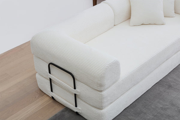 English Elm Convertible 3-Seat Sleeper Sofa Bed Corduroy Folding Floor Couch with Cylindrical Pillow, Plush Support White W3199P309396