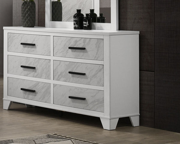 English Elm White Contemporary Dresser 58" W Faux Marble Inset Black Bar Pulls Metal Glide English Dovetail B2741P406274