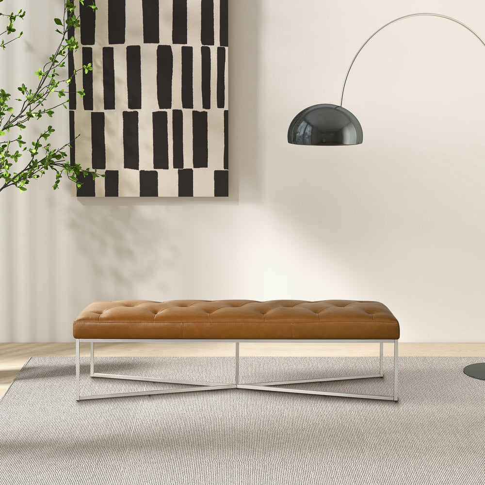 English Elm Harper Full-grain Leather Tufted Bench with Metal Base for Bedroom or Entryway B183P255200