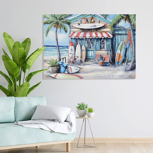 English Elm Blue Beach House Surfboard Coconut Tree Canvas Art - Vibrant Coastal Mural for Living Room, Office W3374P322225
