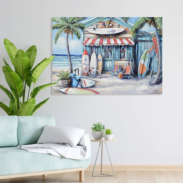 English Elm Blue Beach House Surfboard Coconut Tree Canvas Art - Vibrant Coastal Mural for Living Room, Office W3374P322225