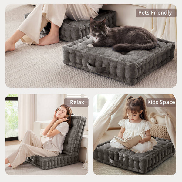 English Elm 1- Piece Tufted Chenille Floor Cushion with Scalloped Edge for Bohemian Living Spaces Charcoal B035P482971