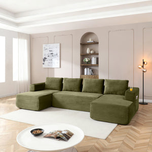 English Elm 132" Modular U-shaped Corduroy Sectional with Deep Seat Cupholders and Side Pocket W1117S00344