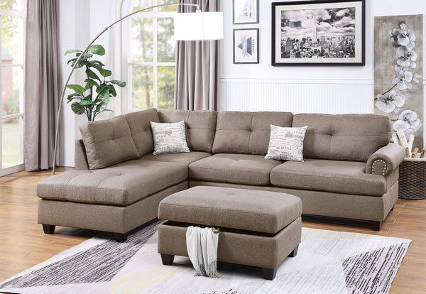 English Elm Contemporary Three Piece Sectional Sofa Set with Nailhead Trim and Storage Ottoman B011S01053