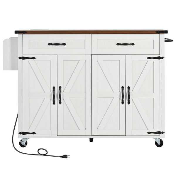 English Elm K&k Farmhouse Rolling Kitchen Island with Drop Leaf Power Outlets and Storage Cabinet White N707S170348W