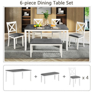English Elm 6-Piece Modern Farmhouse Dining Table Set With Bench & Chairs, Grey & White, Comfortable Seating W1998S00064