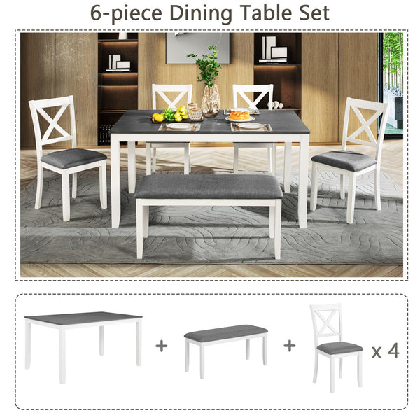 English Elm 6-Piece Modern Farmhouse Dining Table Set With Bench & Chairs, Grey & White, Comfortable Seating W1998S00064