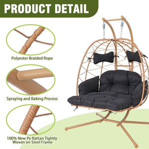 English Elm 2 Person Wicker Hanging Egg Chair with Stand Padded Swing for Patio or Garden T5880P500214