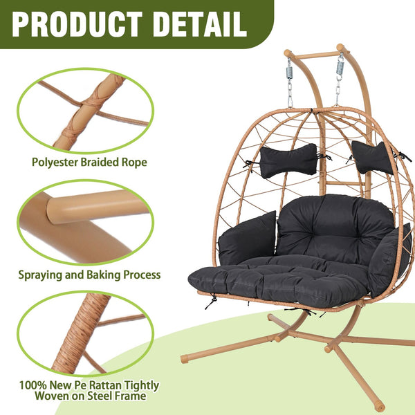 English Elm 2 Person Wicker Hanging Egg Chair with Stand Padded Swing for Patio or Garden T5880P500214