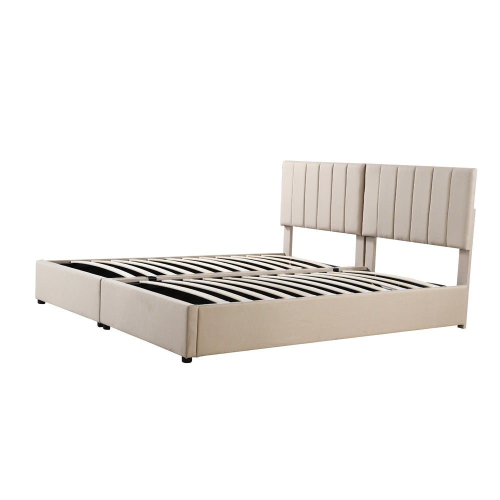 English Elm King Upholstered Hydraulic Storage Bed with Vertical Stripe Headboard, Linen Upholstery, 660lb Capacity Beige SF000285AAA