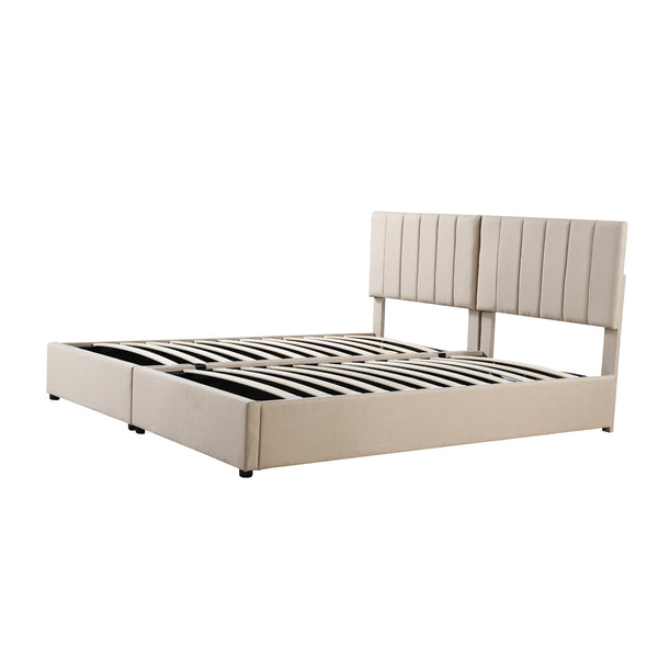 English Elm King Upholstered Hydraulic Storage Bed with Vertical Stripe Headboard, Linen Upholstery, 660lb Capacity Beige SF000285AAA