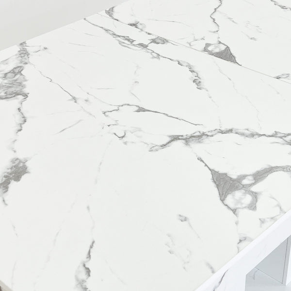 English Elm Extendable Faux Marble Dining Table with V-Legs — Sleek Expandable Conference & Kitchen Centerpiece for 6–10 White Marble W1347S00008