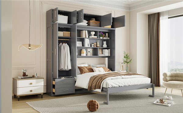 English Elm Queen Murphy Bed with Integrated Desk Cabinet Shelves Space Saving Studio Solution Gray N708S00022E-2