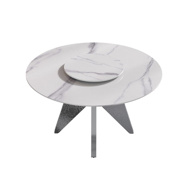 English Elm 53" Round Marble Dining Table With Rotating Turntable, Stainless Steel Base For 6, Modern Design W1535S00390