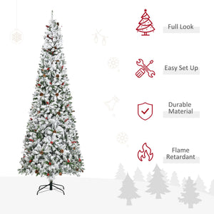 English Elm Homcom 9 Foot Snow Flocked Pencil Christmas Tree With Pine Cones & Berries For Compact Spaces W2225P229733