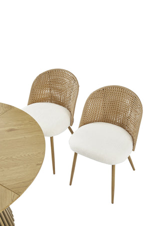 English Elm Solid Wood Extendable Dining Set with Woven Rattan Iron Frame Chairs Bohemian Style W3590S00015