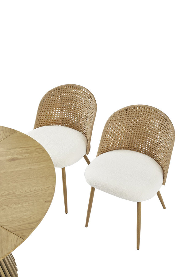 English Elm Solid Wood Extendable Dining Set with Woven Rattan Iron Frame Chairs Bohemian Style W3590S00015