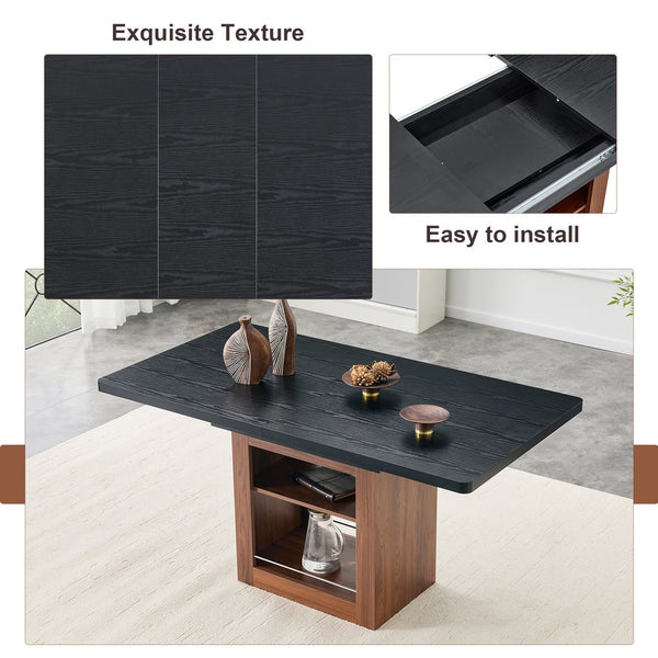 English Elm Expandable Dining Set Seats Eight with Black Pu Chairs and Wood Grain Extendable Table W1151S04704
