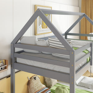 English Elm Twin Rubber Wood Floor Bunk Bed House-Shaped Design with Ladder Guardrails Sturdy Low-Profile Retreat Grey W504P206863