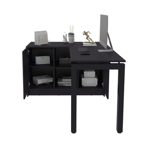 English Elm Desk Rotating L-Shape 28.5" H Black Wengue Corner Workstation with 2 Doors, 5 Shelves & Legs B097S00200