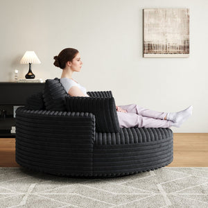 English Elm 55''l 55'l Faux Rabbit Fur Corduroy Swivel Lounge Chair Cloud Foam Seat for Bedroom Black W834S00448